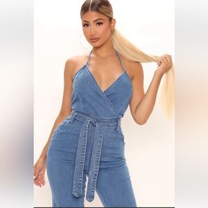 Fashion Nova "Natalie" Halter Denim Jumpsuit, Size S